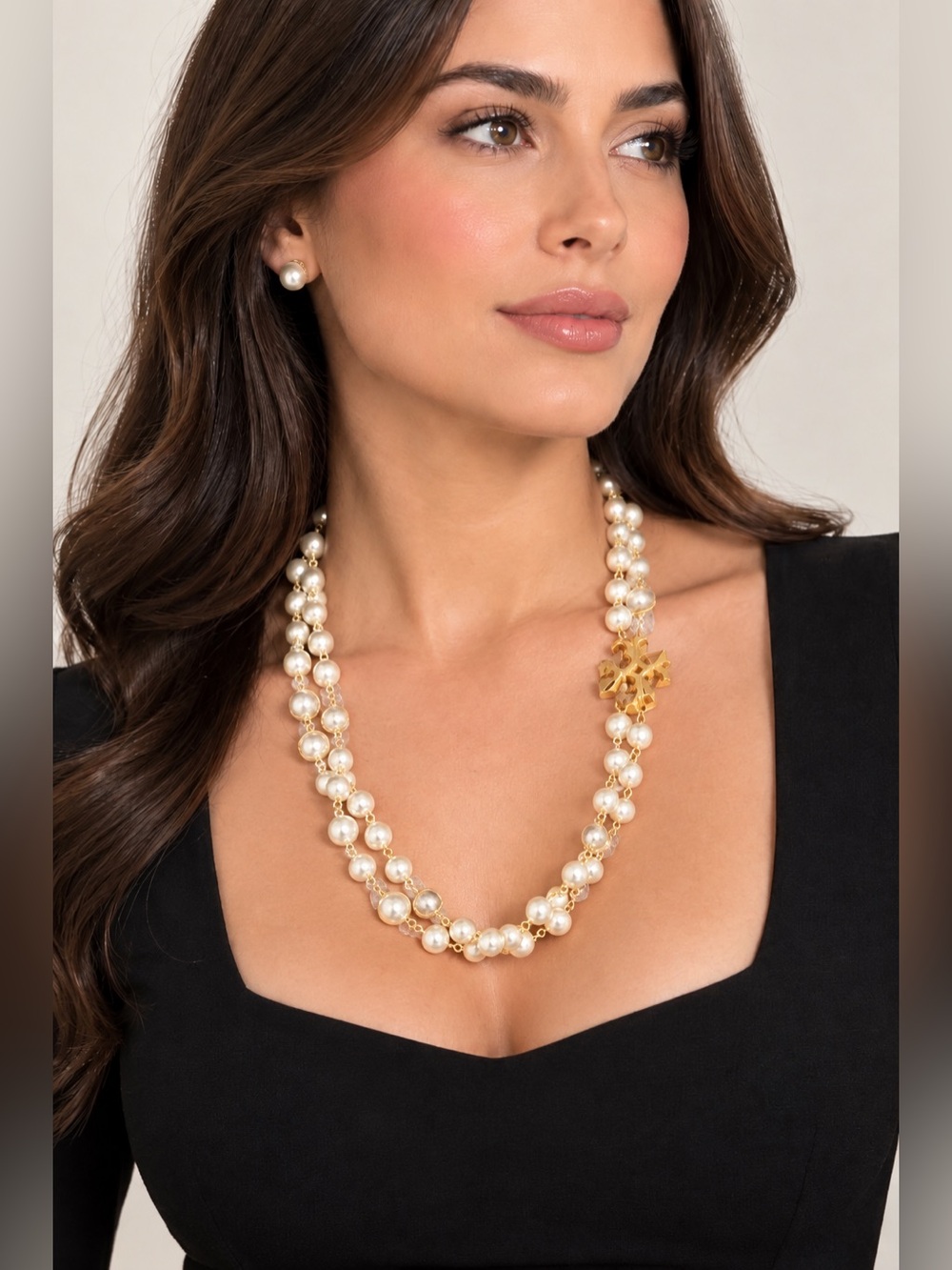 Tory Burch Gold and Swarovski Pearl Necklace With Double T Accent AUTHENTIC. NEW